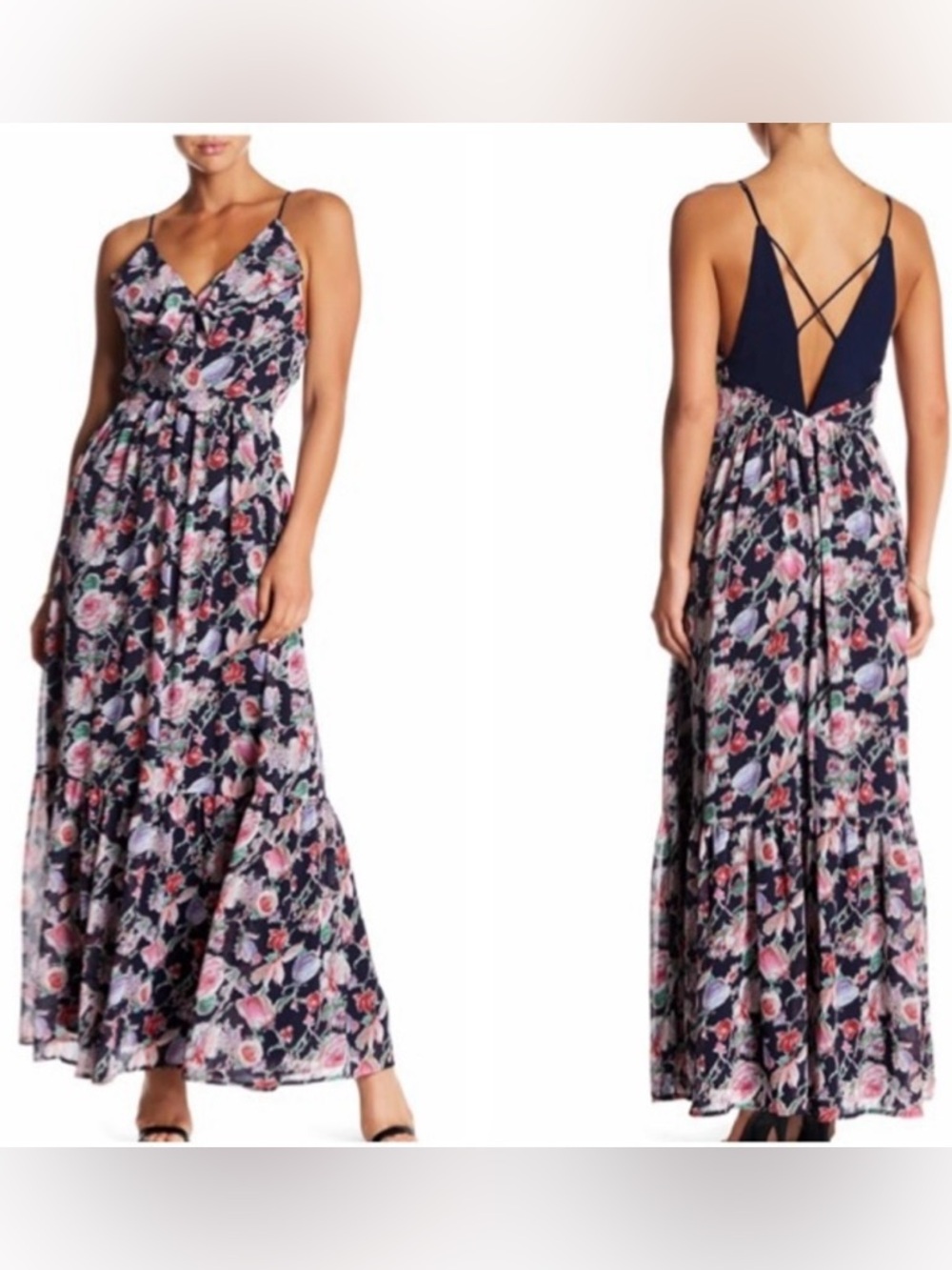 Adelyn Rae Navy Floral Maxi Dress with Pink Rose Print